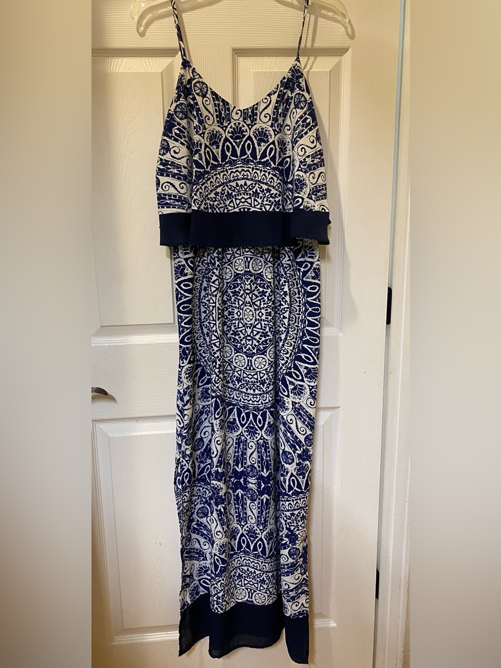 a'gaci Navy and White Printed Maxi Dress with Medallion Motif
